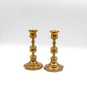 Vintage Mid-Century USA Solid Brass Octagon Base 6" Candlesticks Set of 2